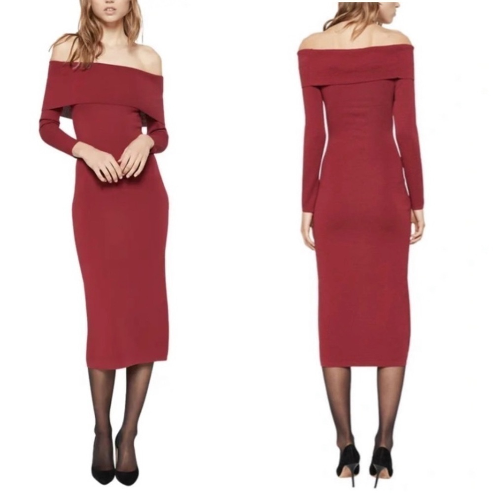 Bardot Off Shoulder Knit Dress in Burgundy